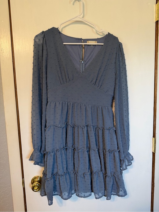 Altar'd State Dresses & Skirts - Altar'd State Blue Textured V-Neck Ruffle Tiered Long Sleeve Dress
